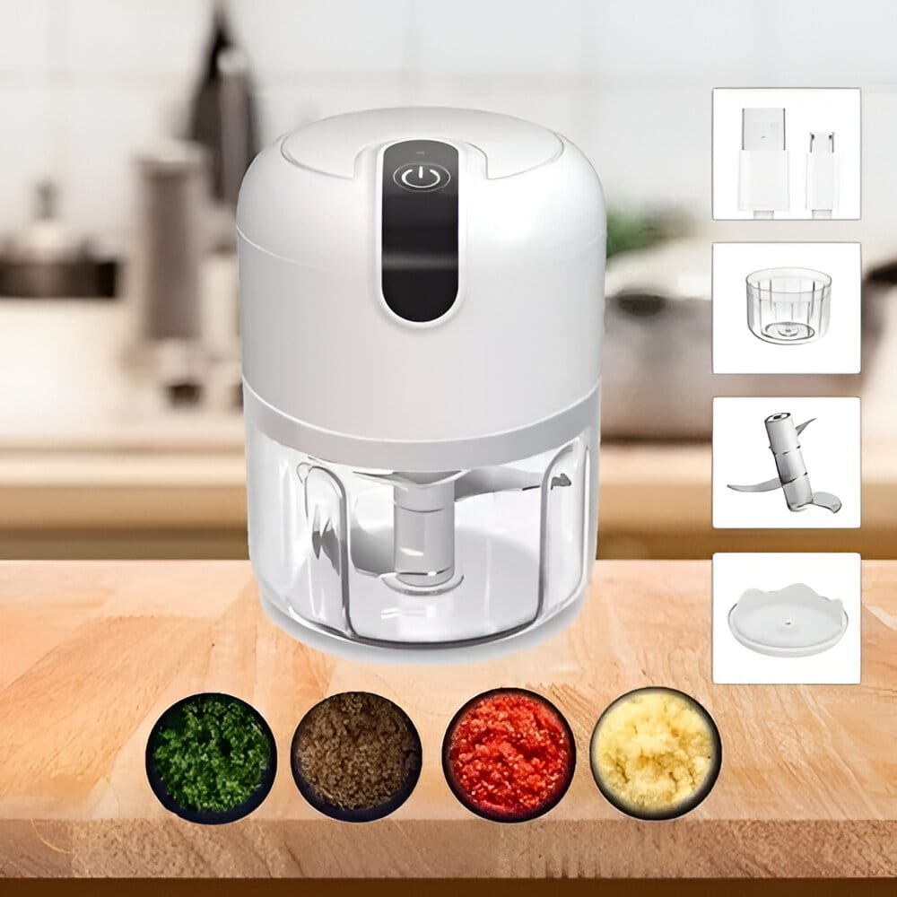 Mini picadora de alimentos eléctrica portátil (blanco/acero inoxidable) – Recargable por USB – Ideal para ajo, carne, chile, condimentos y frutas – Preparación rápida en la cocina