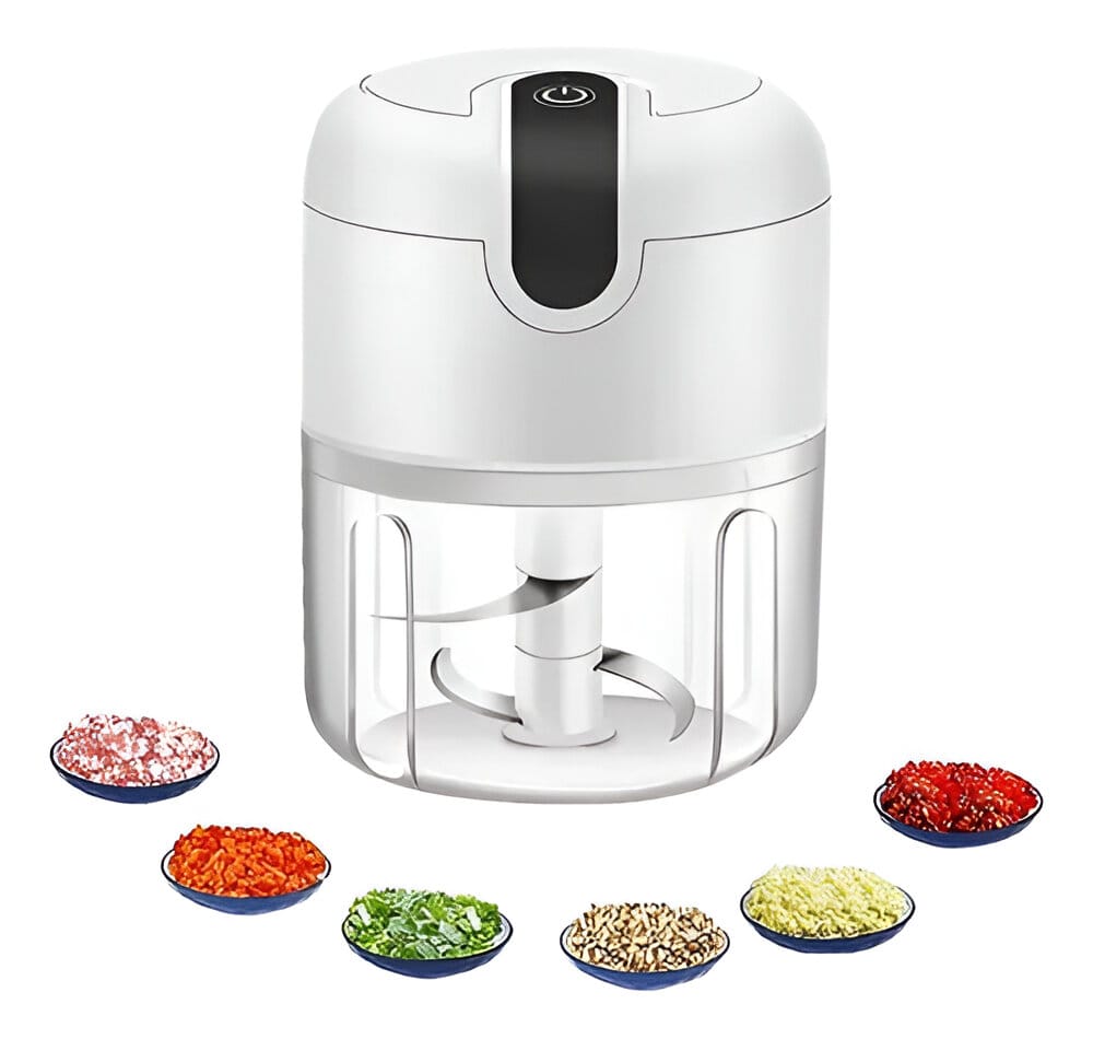 Mini picadora de alimentos eléctrica portátil (blanco/acero inoxidable) – Recargable por USB – Ideal para ajo, carne, chile, condimentos y frutas – Preparación rápida en la cocina